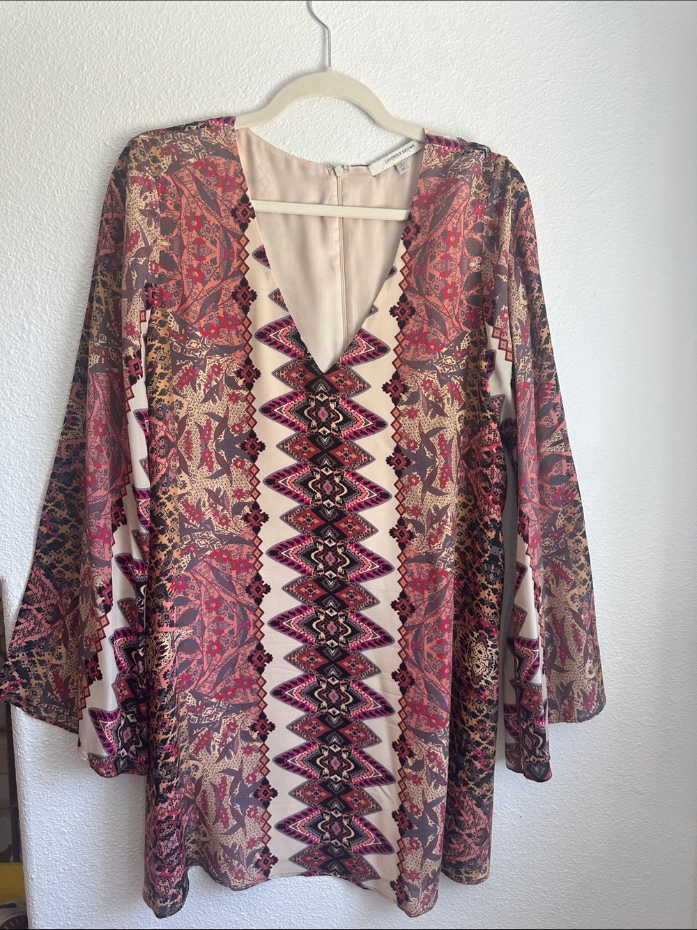 Lavender Brown Pink and Cream Boho V-Neck Dress